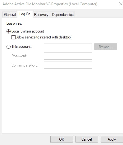 Select Local System Account In Log On Tab