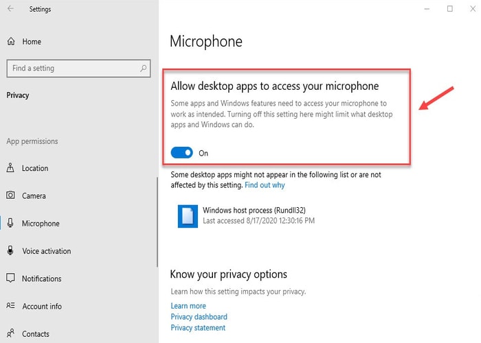 Allow Desktop Apps to Access your Microphone switch it on