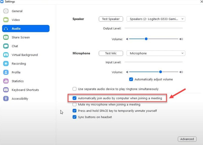 Automatically join Audio by the Computer When joining a Meeting in Audio Tab