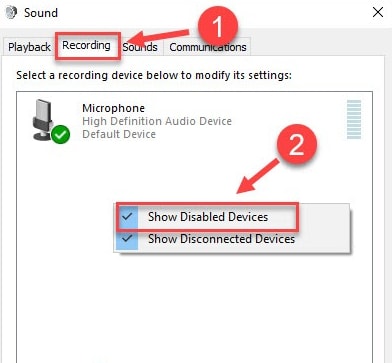 Select Show Disabled Devices in Recording Tab