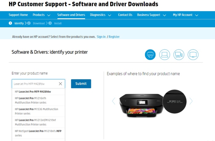 Type HP LaserJet Pro MFP M428fdw product and select