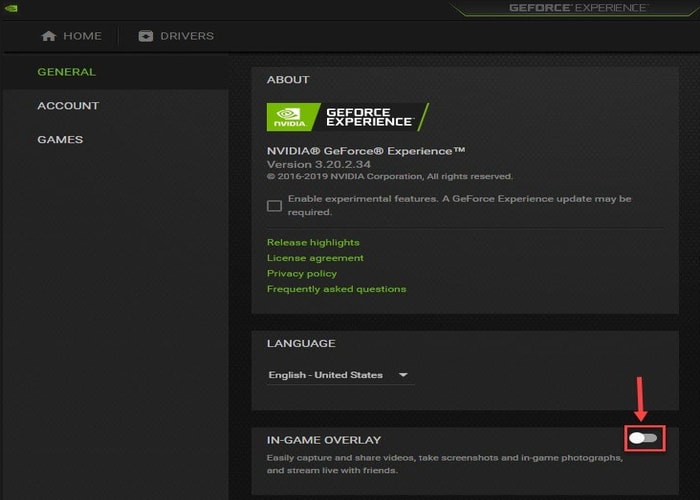 Turn off In-Game Overlay from Geforce Experience