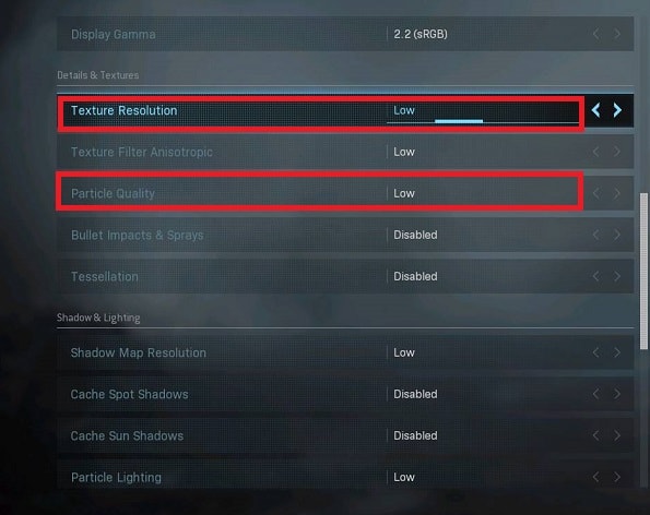 COD warfare set the texture resolution and particle quality