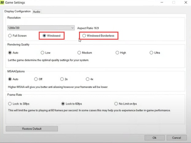 Choose Windowed Borderless and Windowed in Fifa 22 game settings