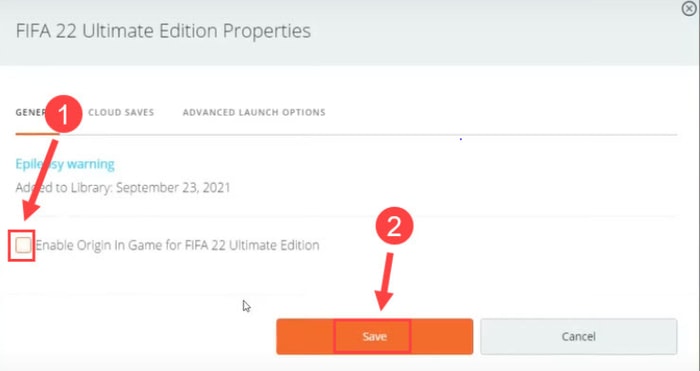 Enable Origin In Game for FIFA 22 Ultimate Edition then OK