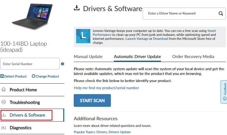 start scan for download driver by detact lenovo device