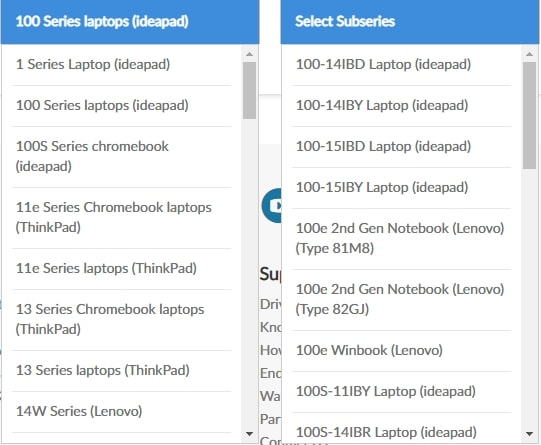 select subseries from the drop-down menu list of lenovo product