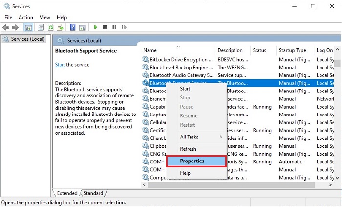 Properties Option of Bluetooth Support Services