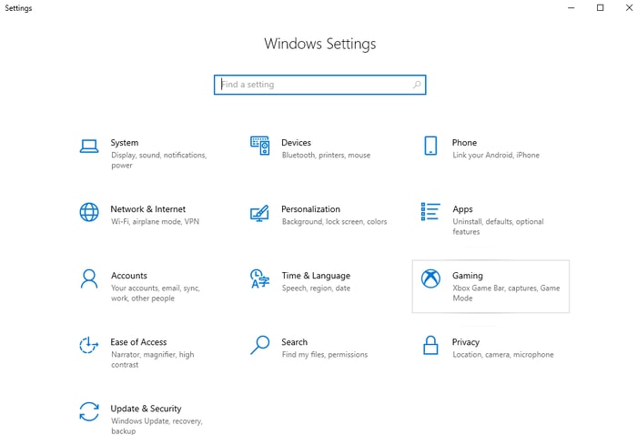 Select the gaming in Windows Setting