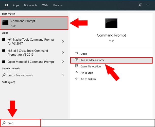 Open Command Prompt and Select Run as Administrator