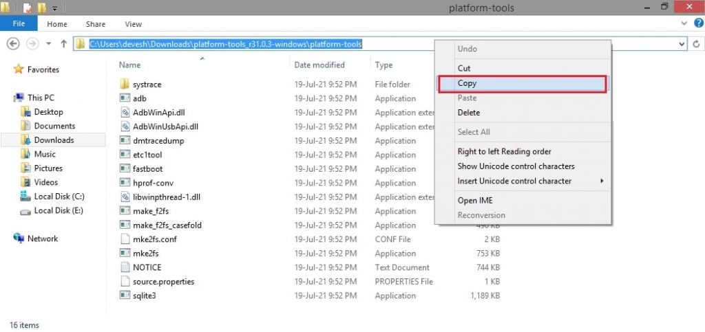 Copy path of android SDK extracted folder