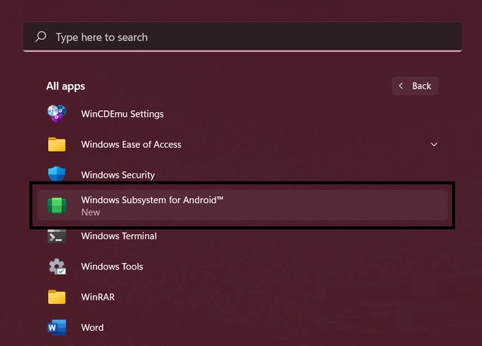 Search for Windows Subsystem for Android