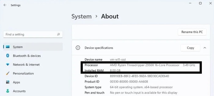 check the Memory and Processor specifications