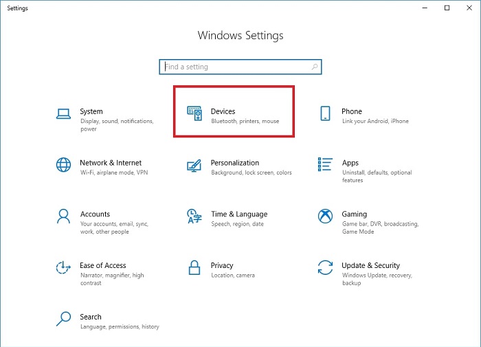 Devices from Windows Settings