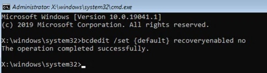 Type bcdedit /set {default} recoveryenabled no in Command