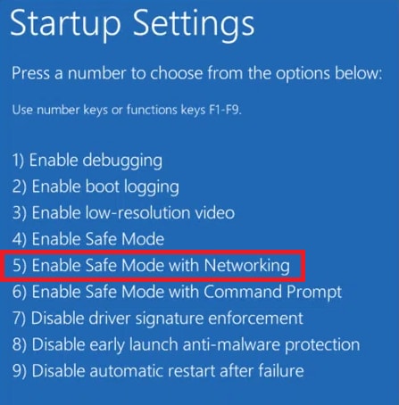 Enable Safe Mode with Networking in Settings