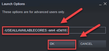 write -USEALLAVAILABLECORES -sm4 -d3d10 in Launch Options
