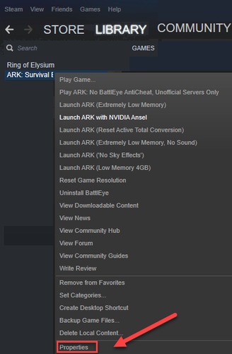 Locate ARK: Survival Evolved and choose Properties