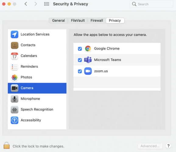 Click Security and Privacy, then choose Camera