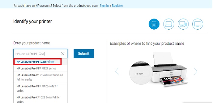 Write HP LaserJet P1102w in the Search Box