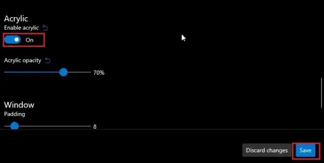 locate the Acrylic option and enable it