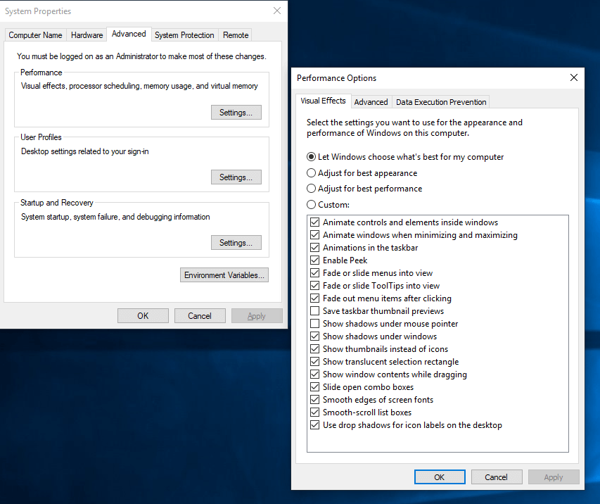 Отключить визуальные эффекты Windows