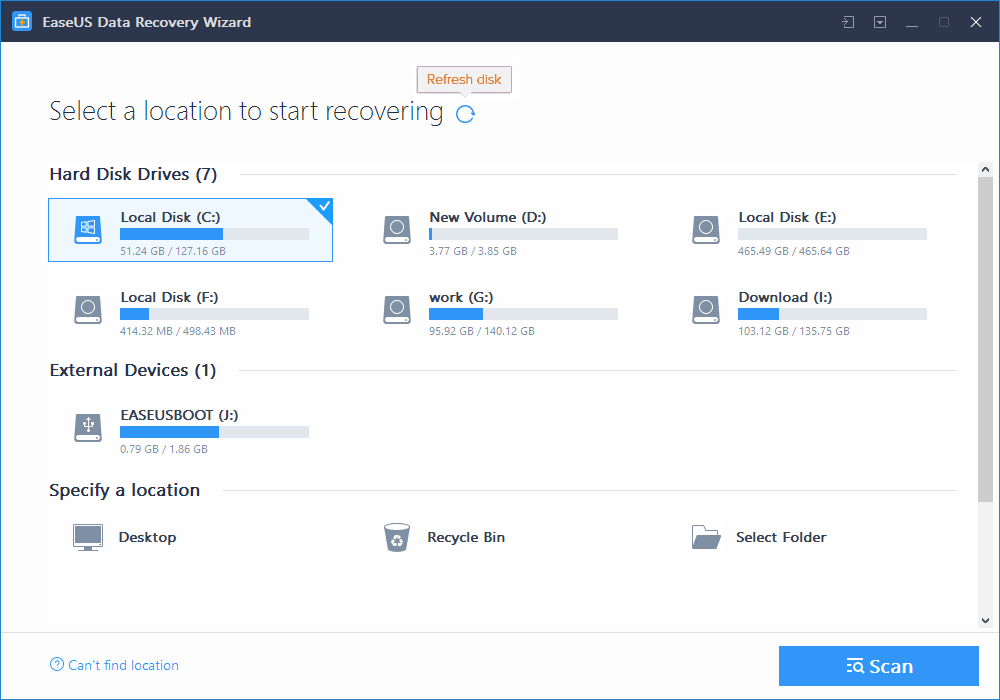 Easeus DataRecovery-ファイルの場所を選択