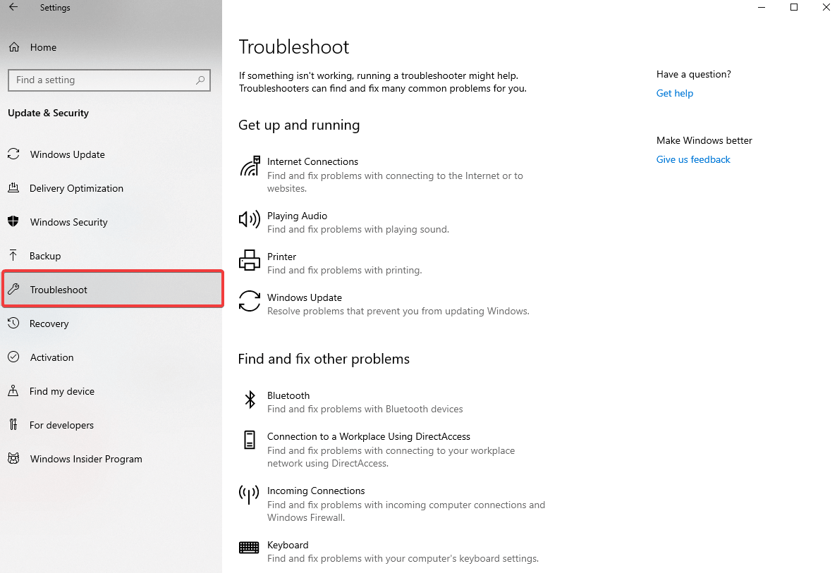 Wybierz Rozwiązywanie problemów w ustawieniach systemu Windows