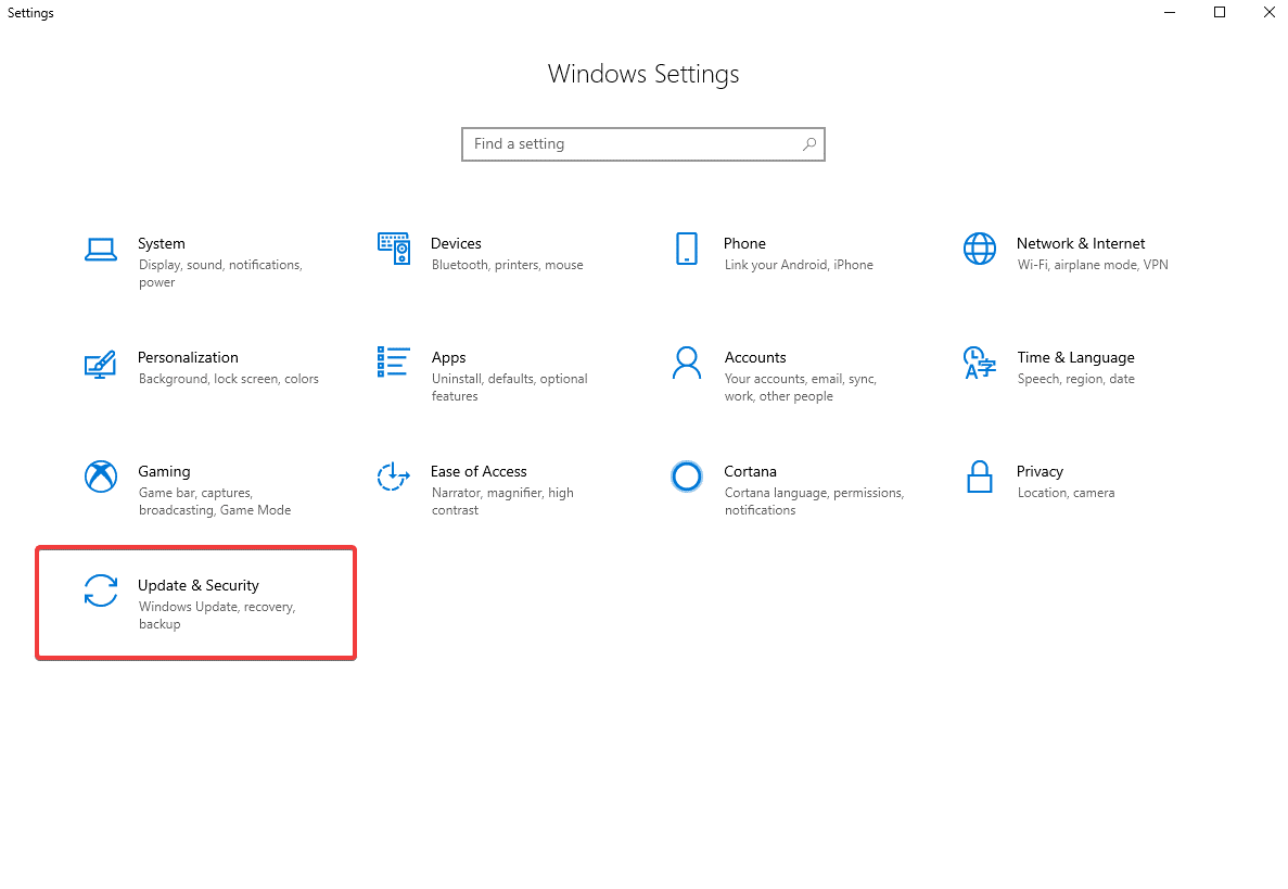 Kliknij Aktualizacja i zabezpieczenia w ustawieniach systemu Windows