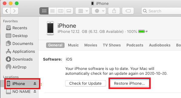 Restablecimiento de fábrica de iPhone en macOS