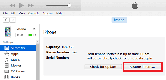 Botón restaurar iPhone en iTunes