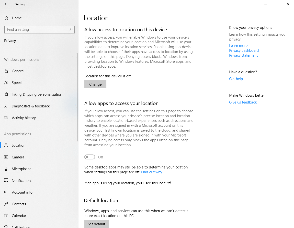 Setare de acces la locație pe Windows