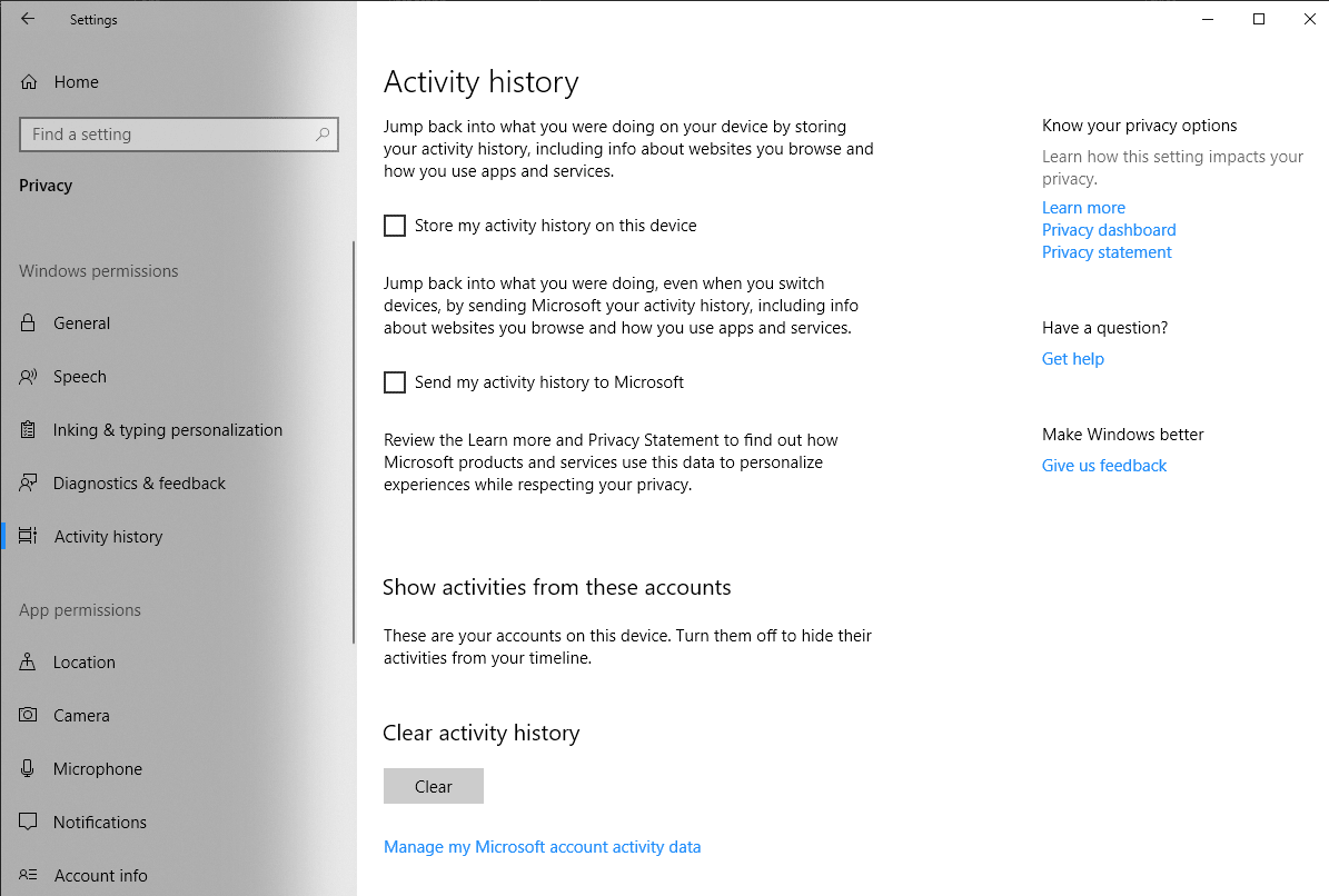 Dezactivați cronologia în Windows 10