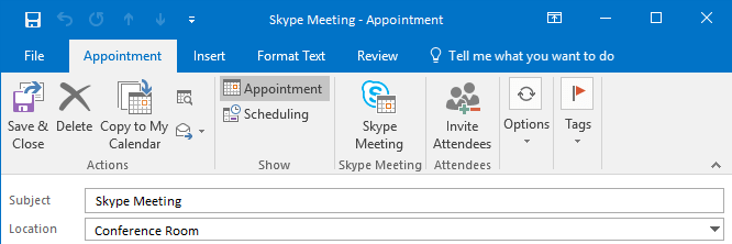 Outlook 내에서 Skype 모임 만들기