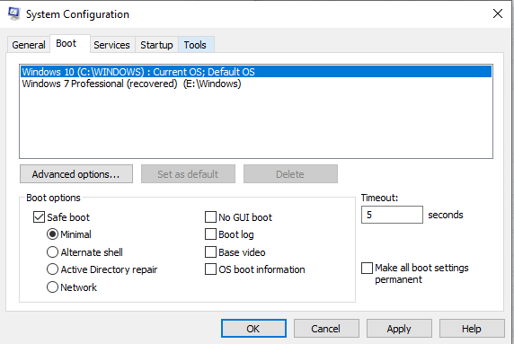 Ferramentas de configuração do sistema - Modo de segurança do Windows 10