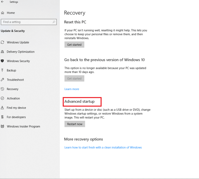 Ferramenta de inicialização avançada - Modo de segurança do Windows 10