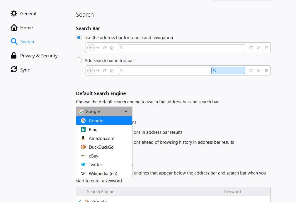 alterar motor de busca firefox