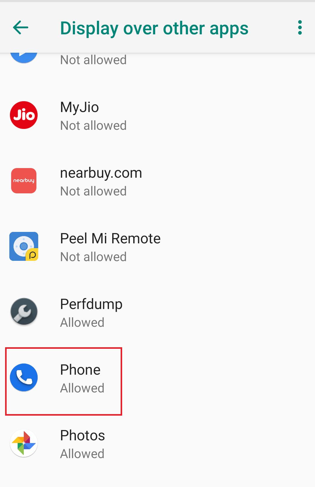 Establezca los permisos en Permitidos para la aplicación Teléfono