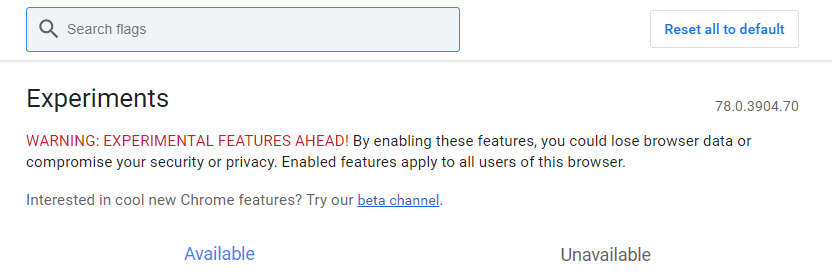 advertencia al acceder a Google Chrome Flags