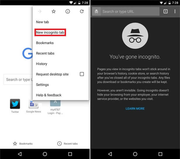 Modo incógnito en Android