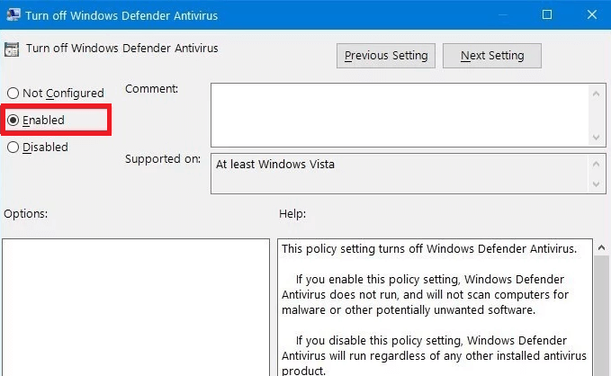 启用关闭 Windows Defender 防病毒软件