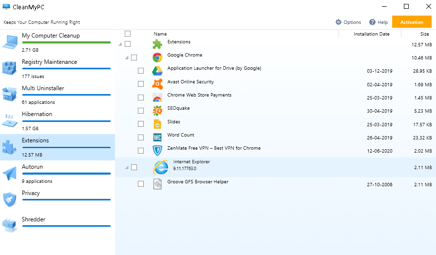 Ekstensi di CleanMyPC