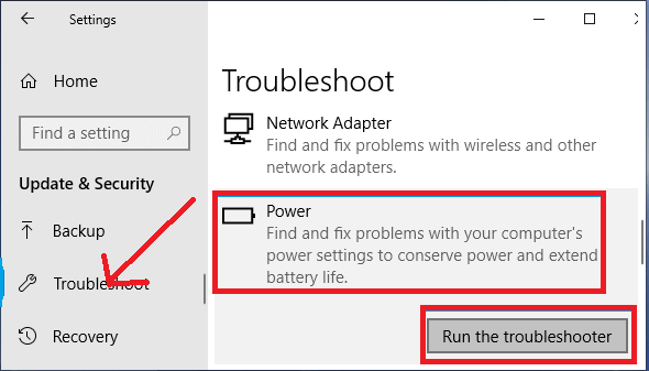 Execute o Solucionador de problemas do Windows para energia