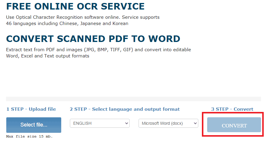 Convertir une image en Excel en ligne avec onlineocr