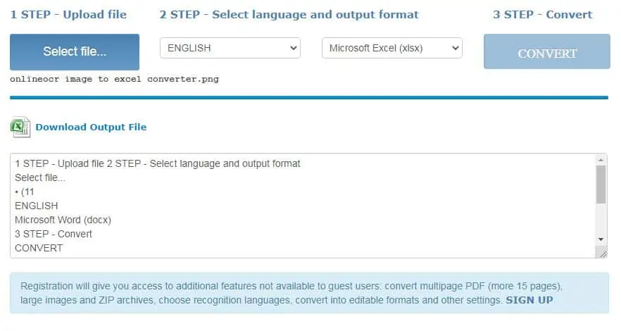 image onlineocr en téléchargement de fichier converti excel