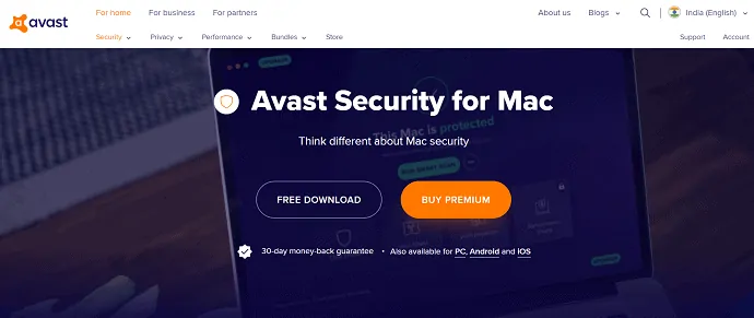 Pagina web di Avast-security per mac.
