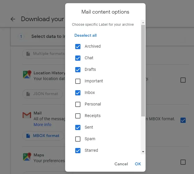 选择要下载的 gmail 特定标签