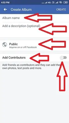Opțiuni în aplicația Creare album pe Facebook