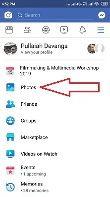 Opțiunea Fotografii pe aplicația Facebook