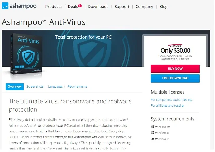 Ashampoo Antivirus 主页